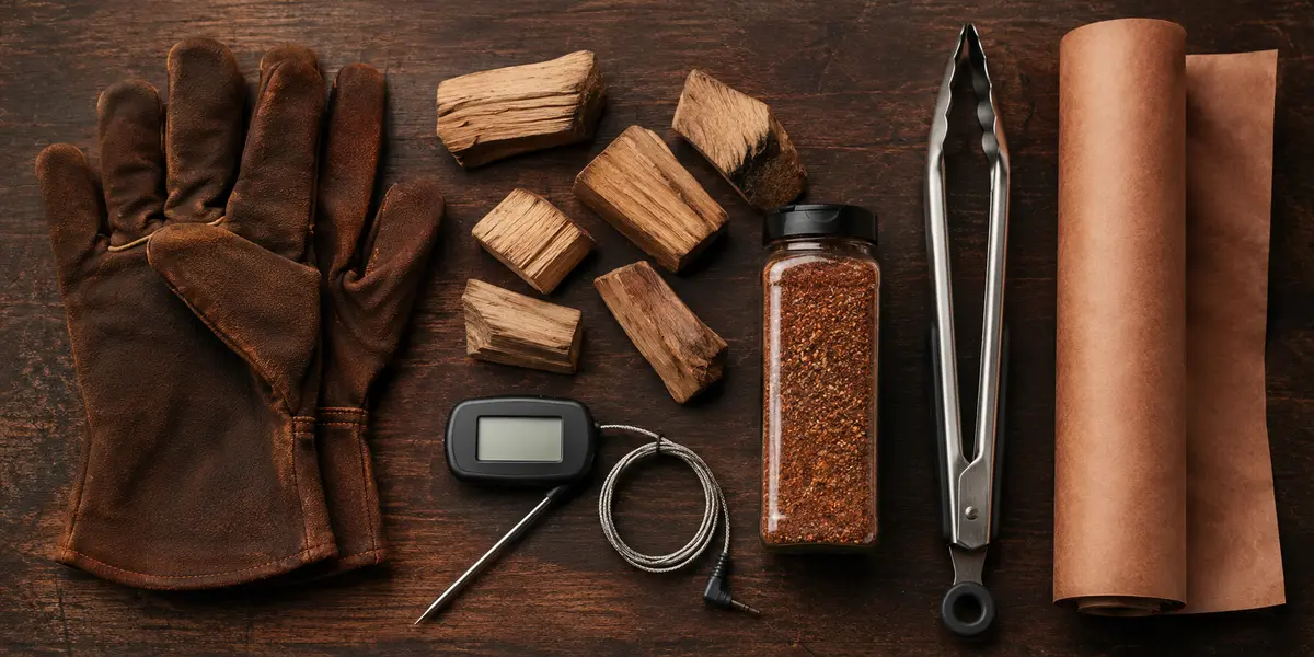 BBQ accessories flat lay — thermometer, gloves, wood chunks, spice rub, tongs, and butcher paper
