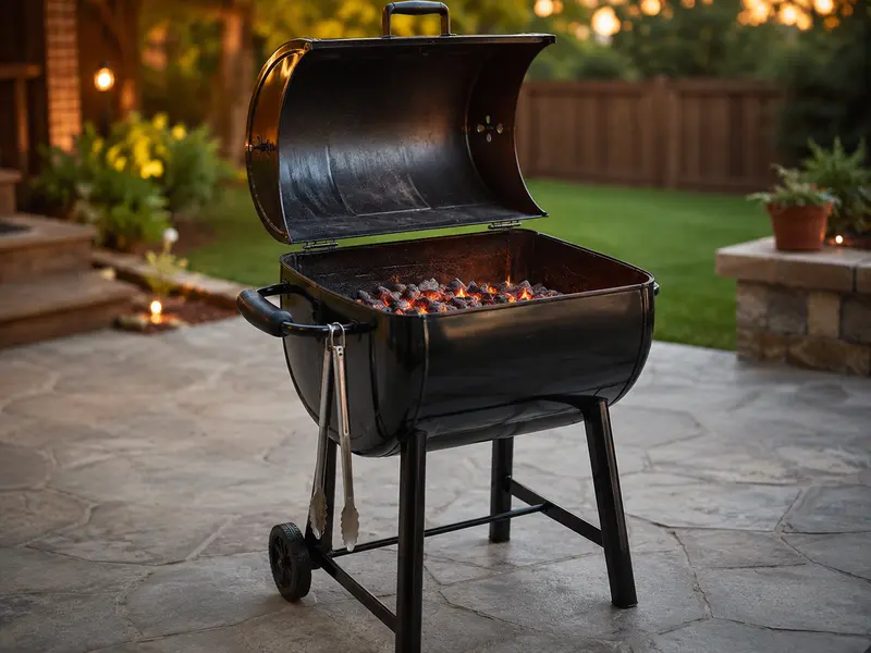 Barrel drum smoker with glowing charcoal inside