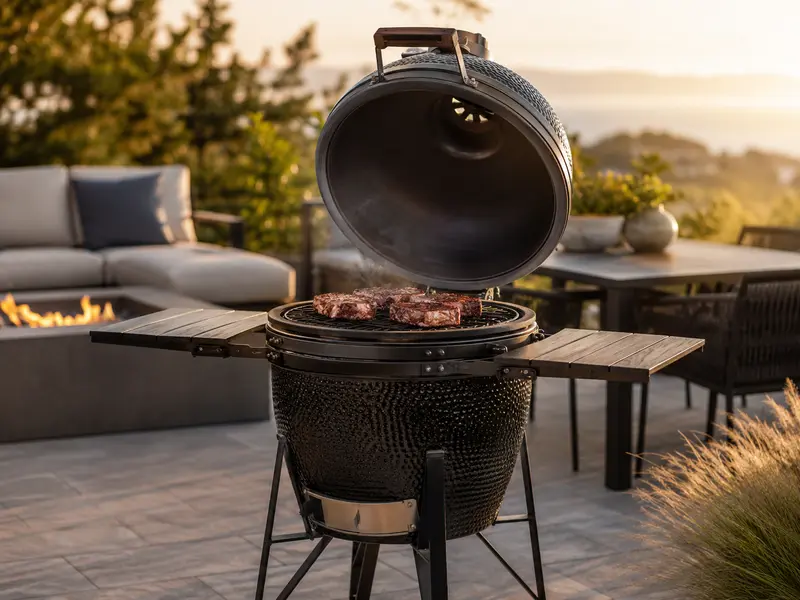 Ceramic kamado grill with seared steaks on the grate