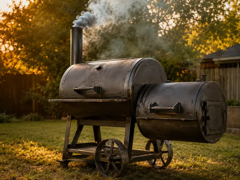 Heavy-duty offset smoker with thick smoke pouring from the stack