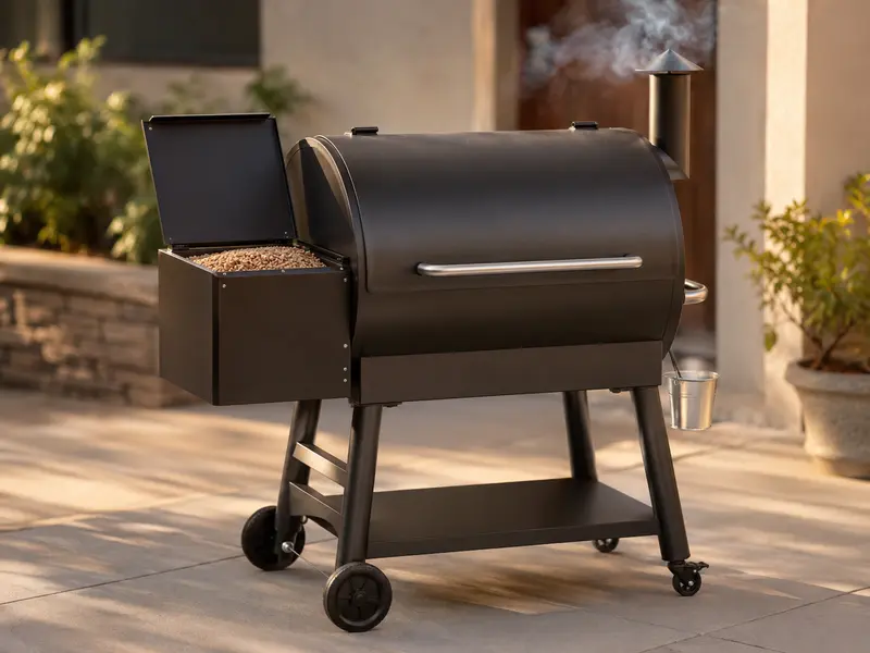Modern pellet smoker with hopper open showing wood pellets