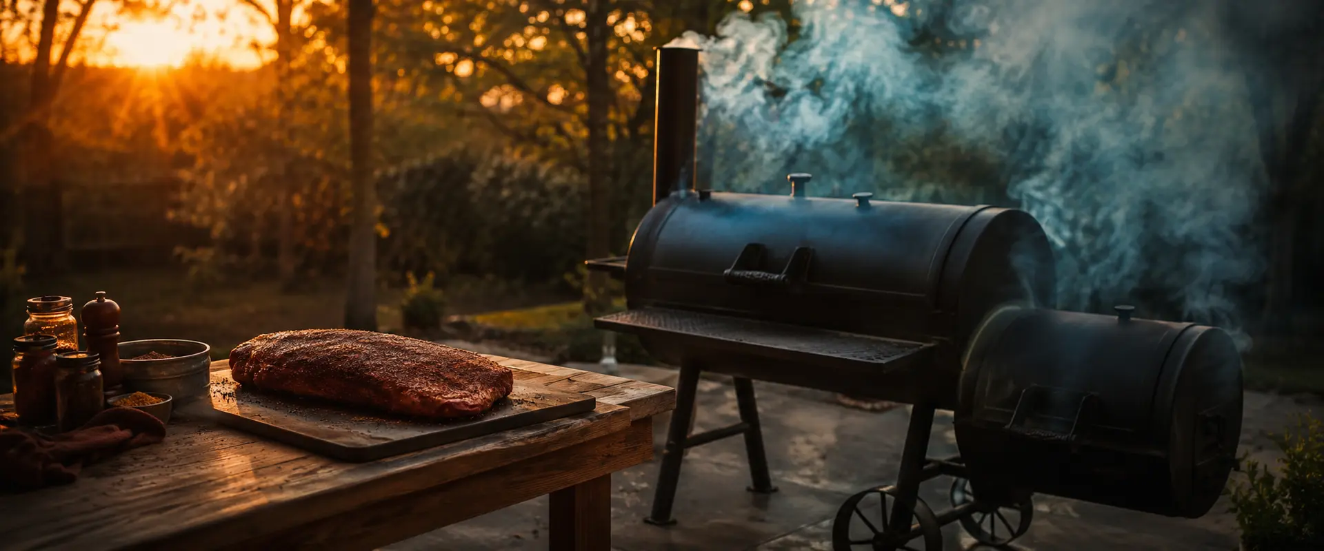 Offset smoker with blue smoke billowing at golden hour beside a freshly smoked brisket